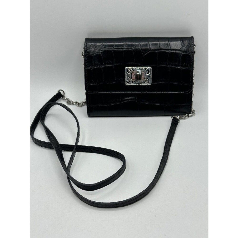 Brighton Croc-Embossed Organizer Wallet Convertible Crossbody in Black Leather